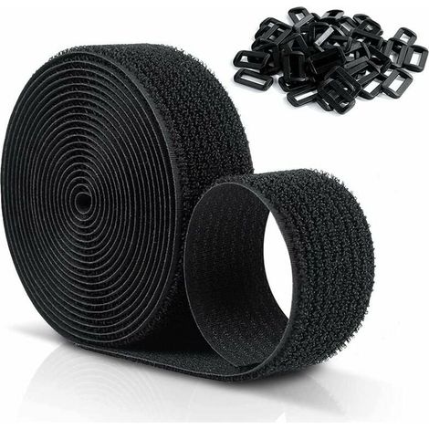 Cinghie in velcro riutilizzabili 10 m x 25 mm – 50 anelli in plastica – Elevata capacità di carico – Nylon nero autoadesivo (1/5)