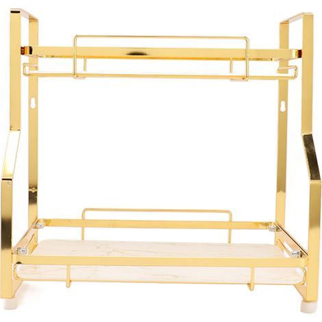 Étagère de rangement de salle de bain, organisateur d'angle mural, support debout pour salon, chambre à coucher, cuisine, blanc et or à 2 niveaux (1/5)
