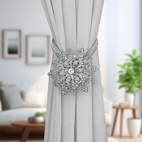 Embrasse Rideau Aimantée Cristal Fleur Argent – Attache Magnétique Alliage Sans Perçage, Boucle Décorative Moderne Fil à Ressort Salon Chambre Voilage(2pcs) (1/5)