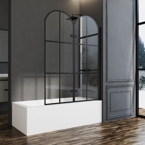 Duschwand für Badewanne 120x140 cm 2-teilig Faltbar Schwarz Badewannenaufsatz Duschtrennwand Duschabtrennung für Badewanne aus 6mm ESG Glas, Bogenförmig