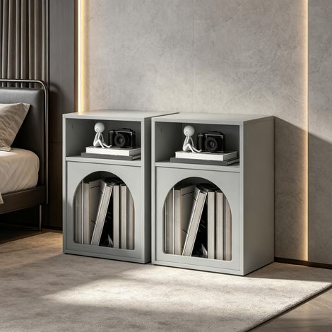 Set de 2 tables de chevet avec compartiments ouverts, design courbé, MDF, 40x30x60 cm, 35 kg, gris (1/5)