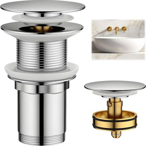 Bouchon de lavabo universel G1¼ sans trop-plein - Bonde pop-up avec tamis - Bonde d'écoulement en laiton pour lavabo - Attrape les cheveux - Mécanisme Click-Clack - Chromé (1/5)