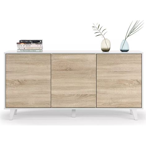 Credenza 154x41x75 cm bianco lucido e rovere canadese con 3 ante – Pisa