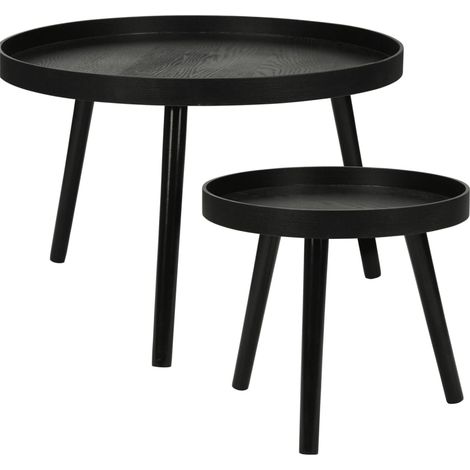 Table ronde vintage design Mid-Century, lot de 2 tables d'appoint noires, déco contemporaine moderne, meuble salon ou chambre, style rétro chic, finition mate, diamètre compact. (1/5)
