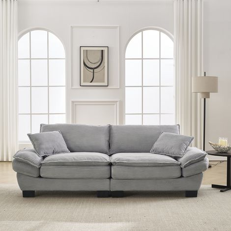 Modernes 3-Sitzer-Sofa aus Cord mit Kissen, Rückenpolstern und Armlehnen, stabile Holzbeine, 224 x 81 x 81 cm, Hellgrau