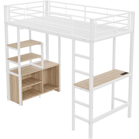 Cama alta 90 x 200 cm con escritorio, USB, estantes y almacenaje abierto, metal y MDF (1/5)