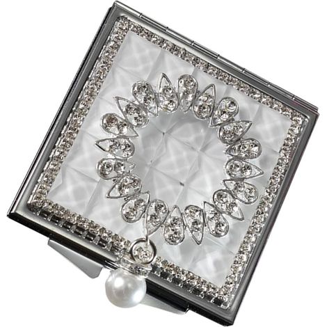 Petit miroir cosmétique pliable double face en métal avec pendentif en perle, miroir de maquillage pour les voyages et le quotidien, blanc