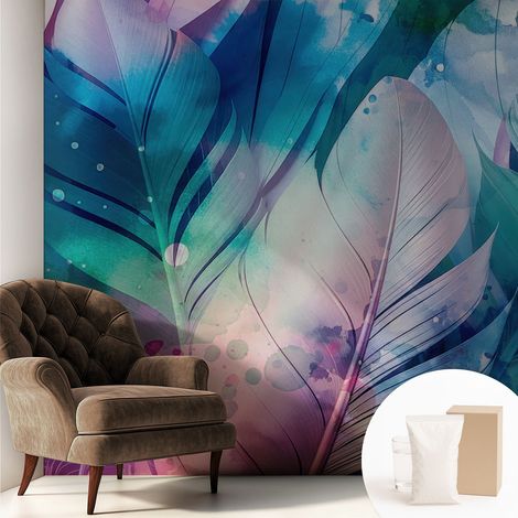 Papier peint intissé mural avec imprimé motifs décoratifs - style contemporain - Colle incluse gratuite Plumes colorées 250x250 cm (1/5)