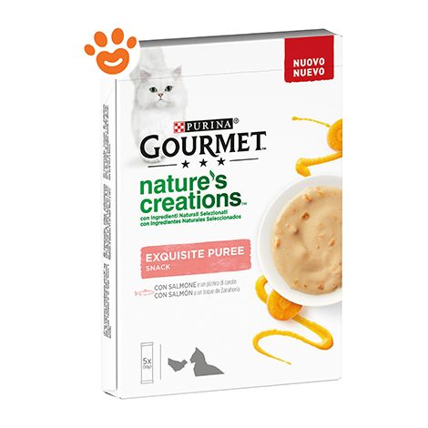 Purina Cat Gourmet Nature Creations Exquisite Puree con Salmone e Carote  - Purina Cat Gourmet Nature Creations Exquisite Puree con Salmone e Carote - Confezione da 5x10 Gr