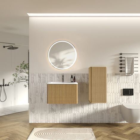 Ensemble de meubles de salle de bains avec lavabo et miroir LED, meuble vasque mural de 60 cm de large avec lavabo, miroir de salle de bains rond, ensemble de meubles de salle de bains moderne avec ar (1/3)