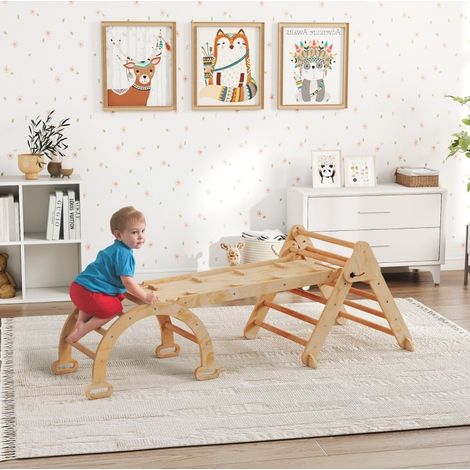 Aire de jeux Montessori enfant 188x70x59 cm en bois naturel, gain de place pour chambre, FloraGrace (1/5)