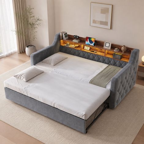 Canapé cama 90x190 cm con cama nido, LED, USB y Type-C, terciopelo gris oscuro DESVIAE (1/5)