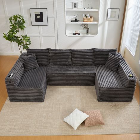 Canapé modulaire en U 320x155x88 cm gris foncé en velours côtelé avec porte-gobelet et poche latérale (1/5)