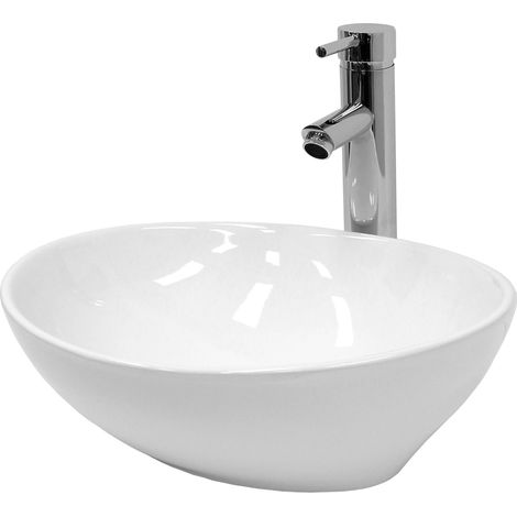 ECD Germany Waschbecken Waschtisch 410x330x142 mm aus Keramik Weiß inkl. Ablaufgarnitur für Waschbecken ohne Überlauf Aufsatzbecken Aufsatzwaschbecken Aufsatzwaschtisch Waschschale Spülbecken Becken