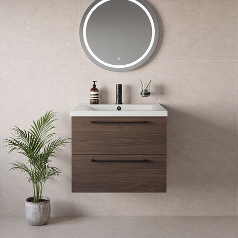 Napoli 460 Brown Oak 600mm Wall Mounted 2 Drawer Vanity Unit with Glide Basin - 600mm - Matt Black 320mm Handle