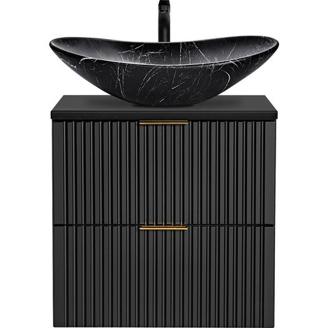 Badezimmer Waschtisch, 61cm, matt schwarz gerillt mit Keramik-Waschbecken schwarz marmoriert ADELAIDE-56-BLACK, B/H/T ca. 61,5/74,7/46,5 cm (1/5)