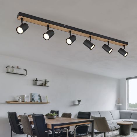 Etc-Shop – Plafonnier à spot noir 6 flammes – MDF aspect bois scandinave – Douilles GU10 pivotantes – Dimensions 115x6x13,5cm – IP20 (1/5)