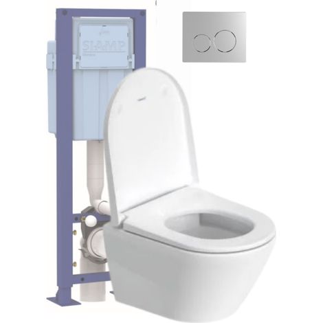 Pack inodoro suspendido compacto DURAVIT D-Neo sin borde con asiento anticaída + estructura soporte SIAMP + mando cromado