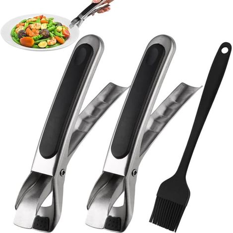Pince à friteuse à air chaud wxsp (2 pièces), pince à vaisselle antidérapante, poignée pour plateau chaud avec brosse en silicone, poignée pour assiette en acier inoxydable anti-brûlure, résistante à (1/5)