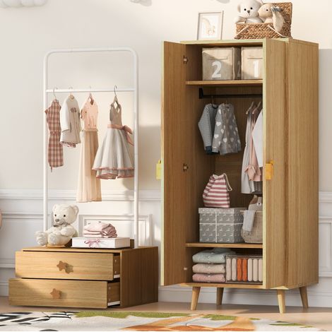 Armario 140x55x170 cm de 2 puertas con barra para colgar, 2 cajones, tiradores decorativos y patas elevadas, MDF - natural (1/5)