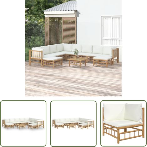 The Living Store Salon de jardin 11 pcs avec coussins blanc crème bambou - Salon De Jardin - Mobilier De Jardin - Ensemble De Salon - Ensemble De Meubles De Jardin - Bamboos (1/5)