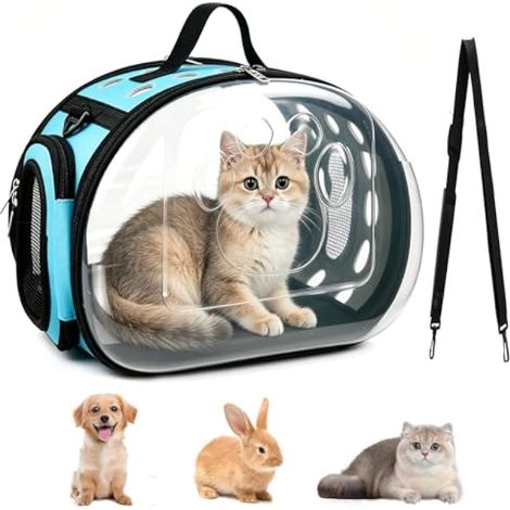 Sac de Transport pour Chat Transparent Pliable, Sac Transport Chat/Caisse de Transport Chat pour Chats et Petits Chiens Jusqu’à 5 kg, avec fenêtres et aérations, Port à la Main ou à l’épaule (1/5)