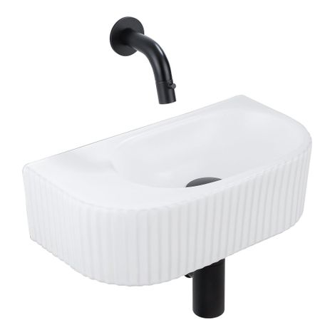 QeramiQ Fuente Ensemble de Lavabo - 40x21.5x12cm - strié - demi-rond - céramique - ensemble de robinet noir mat - bouchon de vidange - siphon abaissé