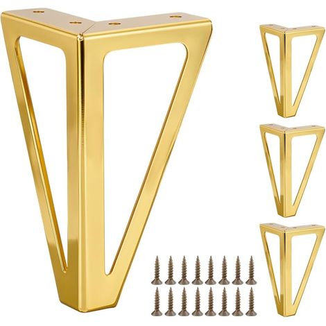 Lot de 4 pieds de meubles triangulaires en métal massif de 18 cm, pieds de rechange en fer robuste, adaptés aux supports TV, tables basses, canapés, étagères, armoires - Doré