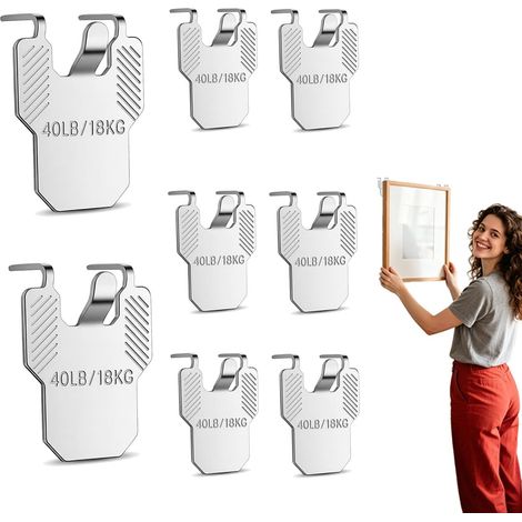 Lot de 8 Fixations Murales Sans Percer, Crochets Métalliques pour Cadres et Miroirs, Installation Facile sans Forage, pour Salon, Couloir, Galerie et Chambre d'Enfant, Protège les Murs des Dégâts (1/5)