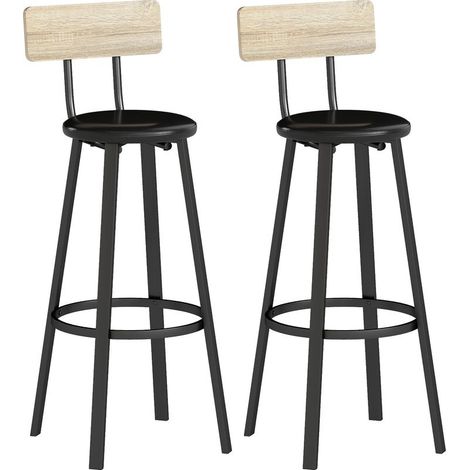 Lot de 2 tabourets de cuisine hauts avec dossier et repose-pieds, revêtement en polyuréthane, hauteur d'assise 75,5 cm, coloris naturel et noir. (1/5)