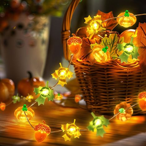 Guirlande Lumineuse Automne 3M 30LED avec Feuilles d'Érable,Noisettes et Citrouilles - Décoration d'Automne à Piles (1/5)