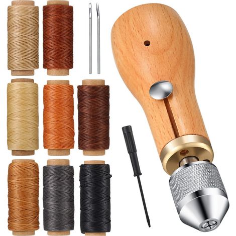 Kit de 12 pièces pour la couture du cuir : aiguilles droites et courbes, 8 bobines de fil ciré, tournevis, pour la couture à la main et le bricolage du cuir. (1/5)