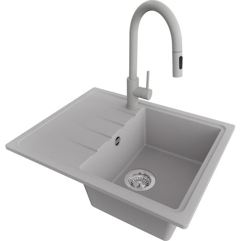 PRIMAGRAN Evier Cuisine en Granit 62x50cm,Lavabo 1 bac + Robinet 40x20cm + Kit de Vidage, Évier à Encastrer au meuble 40cm - Milan, Gris (1/5)