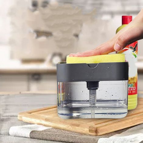 Distributeur de liquide vaisselle à pression, distributeur automatique avec porte-éponge, gris, pour la cuisine. (1/5)