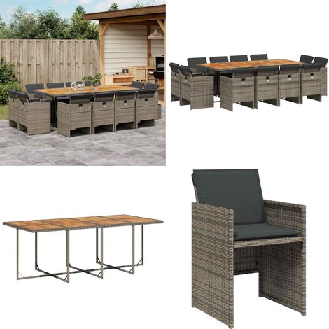 Set comedor de jardín con cojines 13 pzas ratán sintético gris - Sillas de jardín - Cojines para sillas