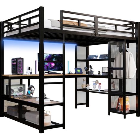 Cama alta CHICFURN 140x200 cm de metal negro con escritorio, almacenaje y LED (1/5)
