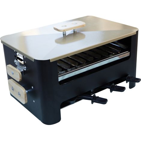 Barbecue à raclette charbon de bois – Grille en acier inoxydable 43x28 cm – 3 hauteurs réglables – 6 poêlons antiadhérents inclus – Imor (1/5)