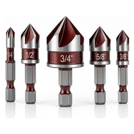 5Pcs Foret à Métal Fraiser, 5 Flûte Fraise à Chanfreiner HSS Foret Conique Fraise à Noyer Forets Fraise à Ébavurer, 6/10/13/16/19mm Outil de Vis pour DIY Bois Métal PVC (1/3)