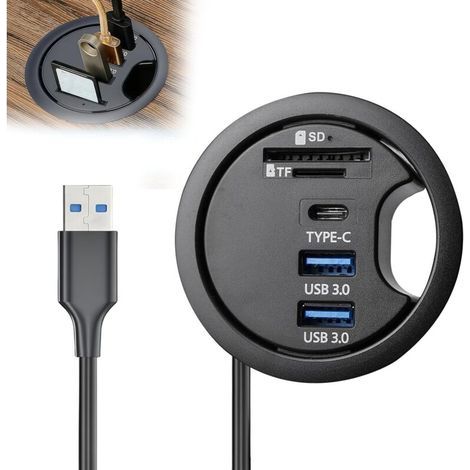 Hub USB 3.0 avec lecteur de carte SD/TF, 60 mm, station d'accueil avec ports Type-C et 2 ports USBA, hub encastrable pour ordinateur de bureau, traversée de table, hub USB pour PC, ordinateur portable (1/5)