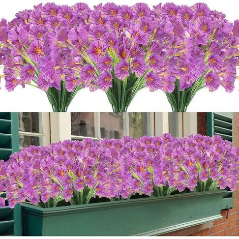 Fleurs artificielles, 12 paquets de fleurs artificielles résistantes aux UV, pas de décoloration, faux buissons en plastique, décorations de jardinière pour porche de jardin (Violet) (1/5)