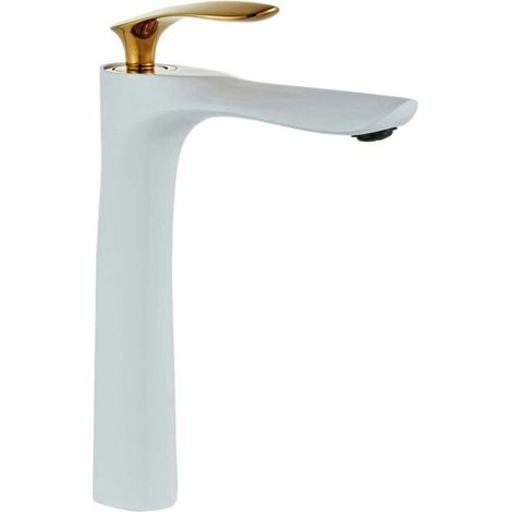 Robinet de salle de bain mitigeur en chrome blanc doré peinture blanche grand pont à un trou pour montage sur lavabo Blanc+Or (1/4)