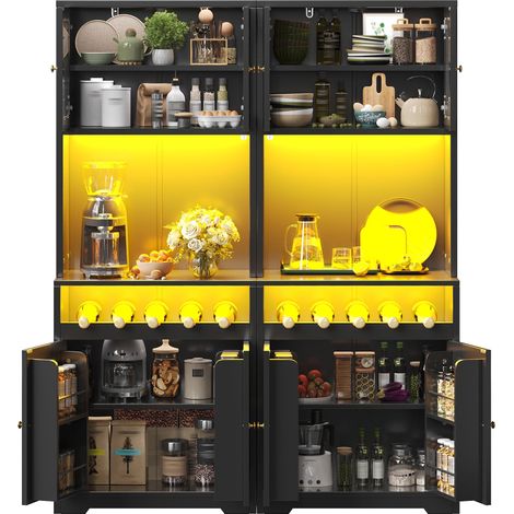 Set de 2 buffets hauts de cuisine Noir,buffets modernes avec LED,plan de travail,140x38.3x180cm,cuisine,salon (1/5)