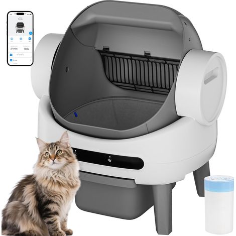 Litière autonettoyante pour chat - Grand bac à déchets de 10 l - Contrôle par application avec écran et fonction anti-pincement - Convient à toutes les litières pour chat - Silencieuse pour (1/5)