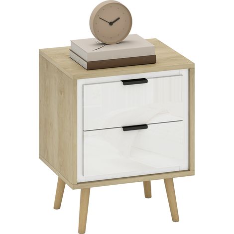 Mesita de noche estrecha, mesa auxiliar con 2 cajones silenciosos y patas de madera maciza, 40 x 35 x 50 cm, blanco brillante. (1/5)