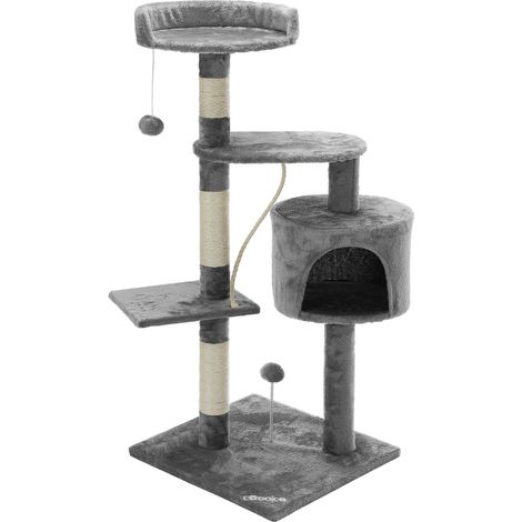 CADOCA® 112cm Cat Scratching Post with 3 Viewing Platforms 1 Cat Cave, 2 Play Balls, 1 Play Rope Tall Cat Scratch Tree Pole Pet Furniture Cat Kitten Sleeping Area Bed Grey