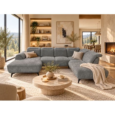 Wohnlandschaft Sofa U-Form ALETTE in Stoff Doha Dunkelgrau Lange Schenkel Rechts (1/5)