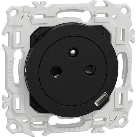 Schneider – Prise de courant affleurante 2P+T avec chargeur USB-C 18W – Installation facile pour électricité – Noir onyx