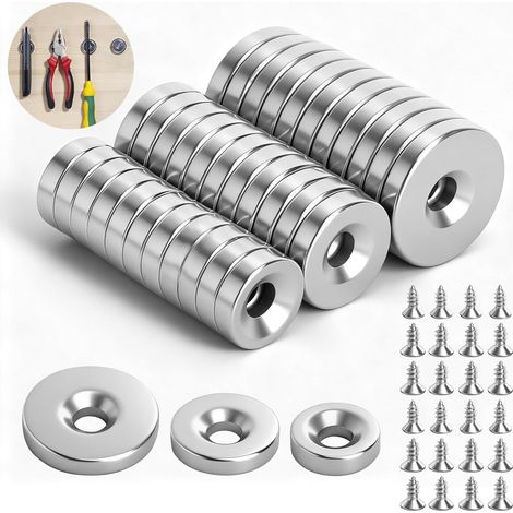 Lot de 36 Aimants Néodyme avec Trou Fraisé Ø10/12/15 mm – aimants Ronds extrêmement puissants avec vis M3/M4, Aimant Puissant pour Cuisine, Garage, Atelier et Bureau (1/5)