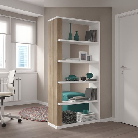 Libreria Eolo, Mobile portalibri bifacciale a 5 ripiani, Scaffale divisorio da ufficio o cameretta, 90x25h180 cm, Bianco e Rovere (1/5)