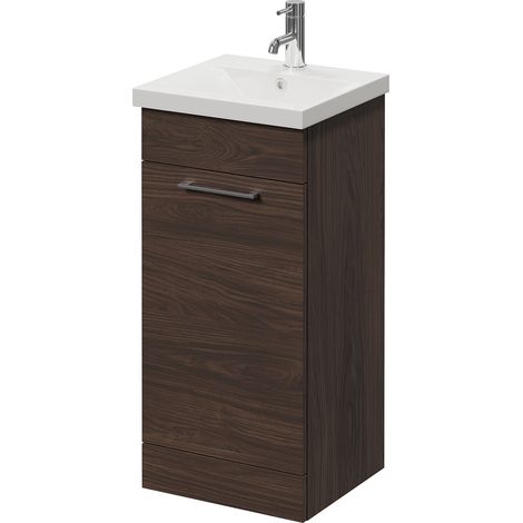 Napoli 390 Brown Oak 400mm Single Door Vanity Unit with Glide Basin - 400mm - Chrome 160mm Handle